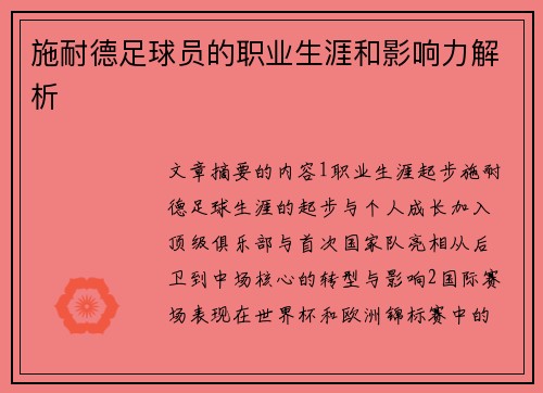 施耐德足球员的职业生涯和影响力解析