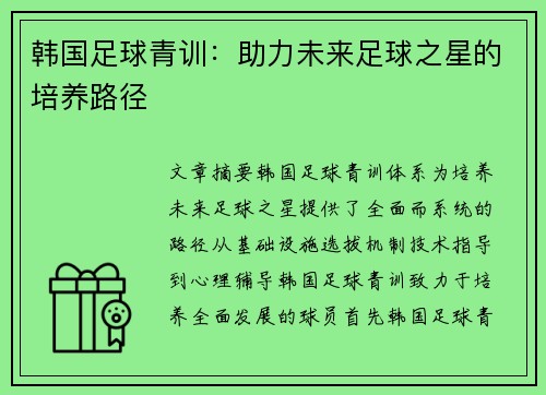 韩国足球青训：助力未来足球之星的培养路径
